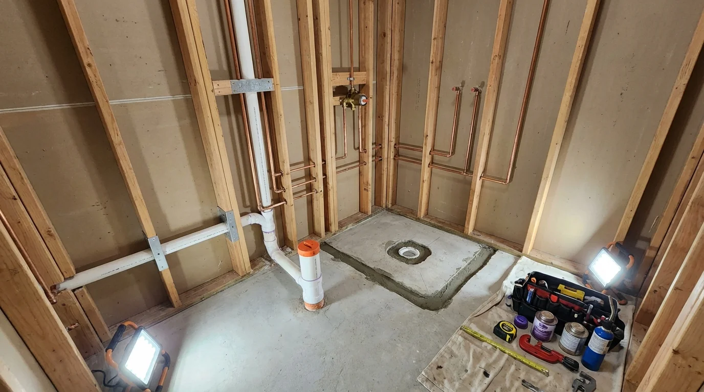 Bathroom rough-in plumbing during remodel by Johns Plumbing LLC in Elton