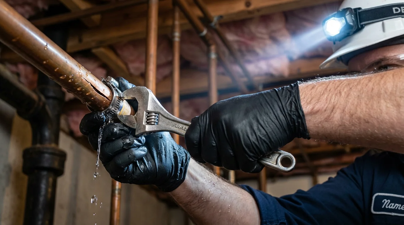 Emergency pipe clamp repair being performed by a Johns Plumbing LLC plumber in Elton