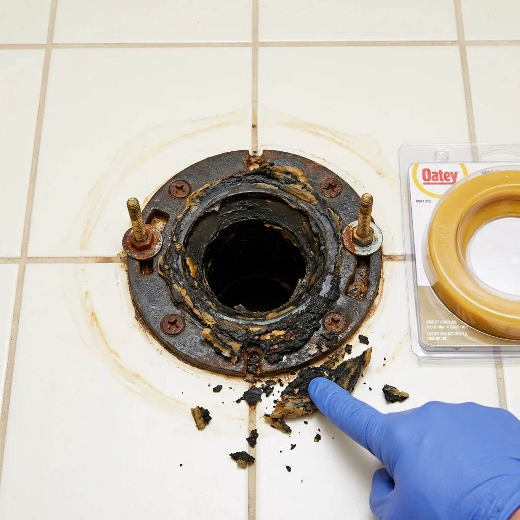 Failed wax ring showing water seepage at the base of a toilet in a Elton, LA home